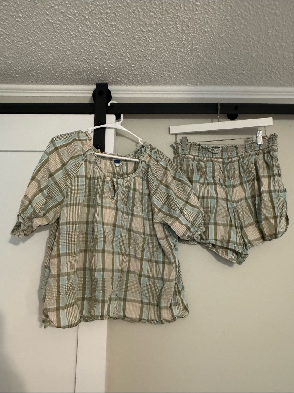 Old Navy Plaid Peasant Top in Sage, Cream & Light Blue